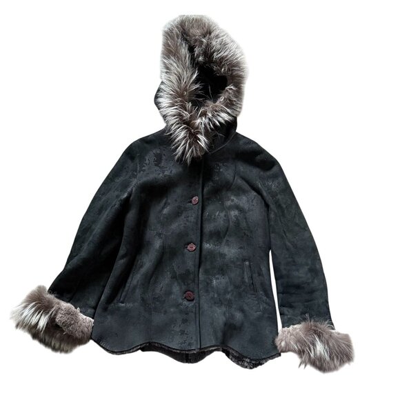 Fulmine Sheepskin Fur Hooded Suede Leather Button Front Jacket Women Medium - Picture 1 of 16